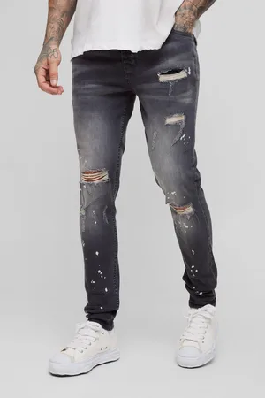 Boohoo Mens Tall Skinny All Over Ripped Bleached Paint Splatter Jeans