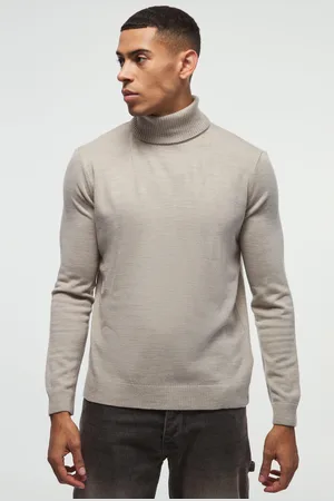 Boohoo Mens Long Sleeve Roll Neck Sweater In Stone