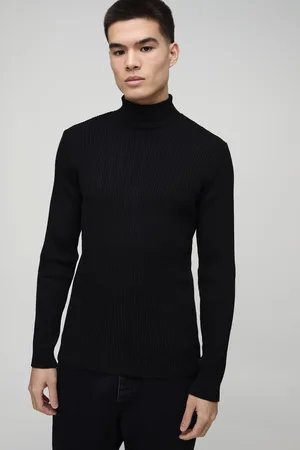 Boohoo Mens Muscle Fit Ribbed Knit Roll Neck Sweater In