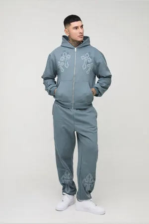 Boohoo Mens Tall Oversized Boxy Cross Embroidered Zip Through Hooded Tracksuit