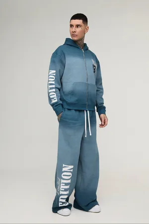 Boohoo Mens Tall Oversized Boxy Zip Thru Official Spray Wash Hooded Wide Leg Tracksuit