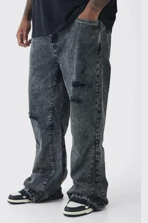 Boohoo Mens Plus Slim Rigid Flare Distressed Gusset Panel Acid Washed Jeans