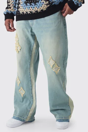 Boohoo Mens Plus Slim Flare Applique Gusset Panel Jeans