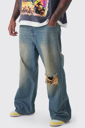 Boohoo Mens Plus Relaxed Flare Rigid Knee Rip Tinted Denim Jeans