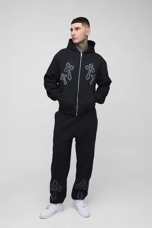 Boohoo Mens Tall Oversized Boxy Cross Embroidered Zip Through Hooded Tracksuit