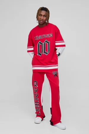 Boohoo Mens Tall Limited Print Oversized Faux Layer T-shirt and Gusset Sweatpants Set