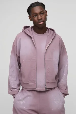 Boohoo Mens Shrunken Fit Washed Rhinestone Zip Through Hoodie