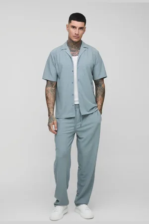 Boohoo Mens Tall Waffle Regular Fit Revere Shirt and Straight Leg Pants Set