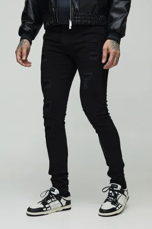 Boohoo Mens Tall Super Skinny Stretch Biker Rip & Repair Jeans in Washed