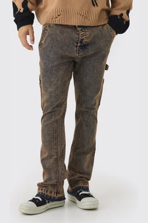 Boohoo Mens Stretch Skinny Gusset Detail Carpenter Flared Jeans