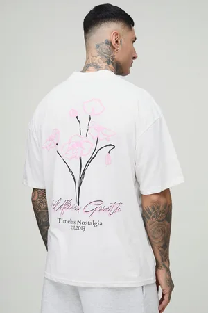 Boohoo Mens Tall Oversized Extended Neck Doodle Floral Print T-Shirt