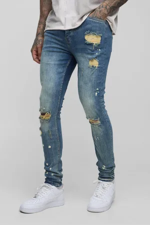Boohoo Mens Tall Skinny All Over Ripped Bleached Paint Splatter Jeans