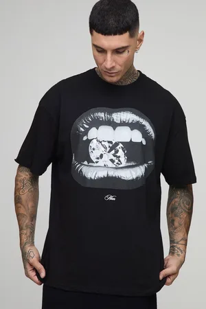 Boohoo Mens Tall Oversized Foil Print Diamond Lips Print T-Shirt