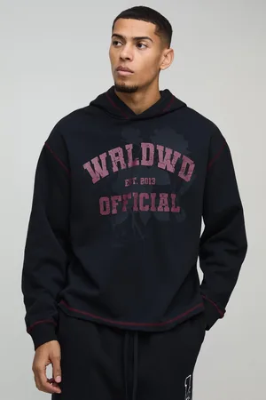 Boohoo Mens Oversized Boxy Varsity Worldwide Printed Raw Hem Hoodie