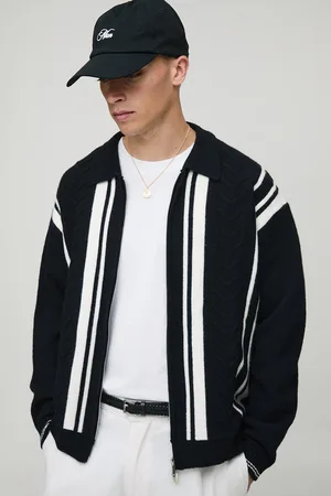 Boohoo Mens Regular Fit Embroidered Striped Zip Through Knitted Polo