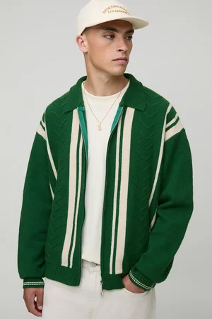 Boohoo Mens Regular Fit Embroidered Striped Zip Through Knitted Polo