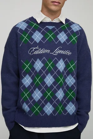 Boohoo Mens Boxy Embroidered Diamond Knitted Sweater