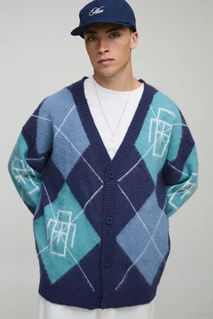 Boohoo Mens Oversized Drop Shoulder Diamond Knitted Cardigan