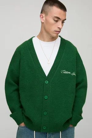 Boohoo Mens Oversized Dropped Shoulder Varsity Applique Knitted Cardigan