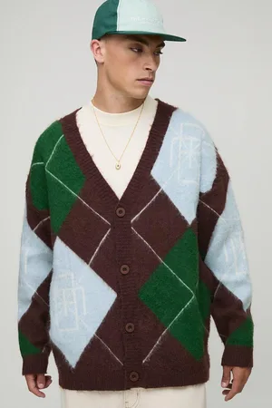Boohoo Mens Oversized Drop Shoulder Diamond Knitted Cardigan
