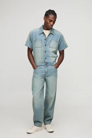 Boohoo Mens Short Sleeve Relaxed Washed Denim Boilersuit