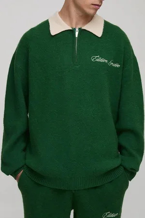 Boohoo Mens Oversized Varsity Applique Embroidered Knitted Polo Sweater