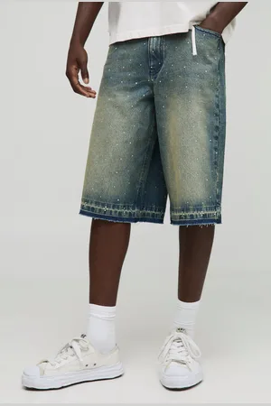 Boohoo Mens Longline Embellished Let Down Hem Denim Jorts