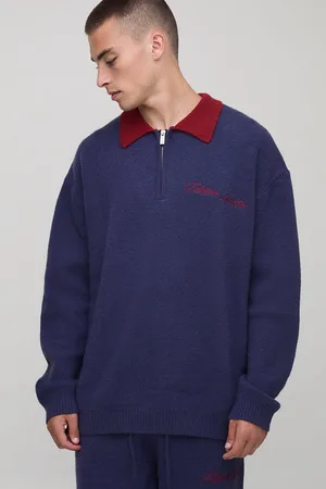 Boohoo Mens Oversized Varsity Applique Embroidered Knitted Polo Sweater