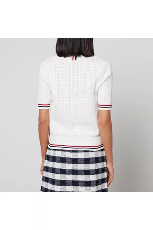 Thom Browne Women Polo T-Shirts - Women's Pointelle Grid Stitch Short Sleeve Stripe Polo