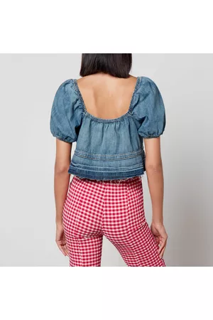 Ganni Women Jeans - Organic-Cotton Denim Puff Sleeve Top