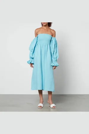 Sleeper Atlanta Shirred Linen Off-The-Shoulder Dress - XS