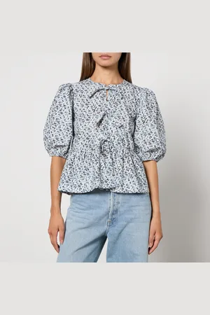 Ganni Printed Cotton-Poplin Peplum Blouse - EU 36/UK 8