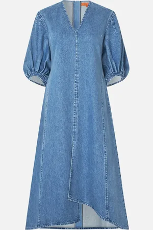 STINE GOYA Puff Sleeves Denim Midi Dress - XS