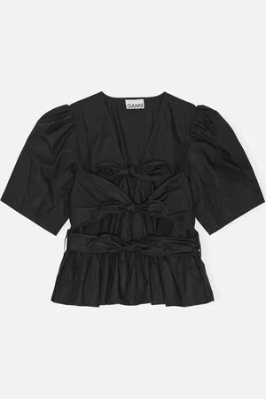 Ganni Washed Cotton-Blend Poplin Tie Strap Blouse - EU 34/UK 6