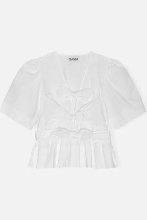 Ganni Washed Cotton-Blend Poplin Tie Strap Blouse - EU 34/UK 6