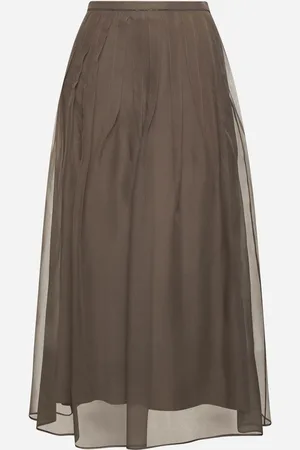 Brunello Cucinelli Brown Shiny Waistband Pleated Midi skirt