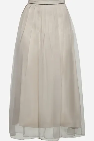 Brunello Cucinelli White Pleated Midi Shiny Waistband skirt