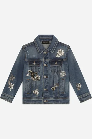 Dolce & Gabbana Stretch Denim Jacket With Rhinestones And Embroidery - Woman Coats And Jackets Multi-colored 8 Years