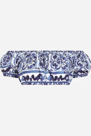 Dolce & Gabbana Majolica-print Poplin Crop Top - Woman Shirts And Tops Blue Cotton 42