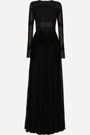 Long georgette dress with pleated tulle Woman, Black, TWINSET Milano