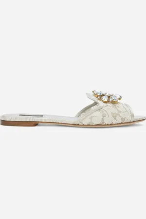 Dolce & Gabbana Lace Rainbow Slides With Brooch Detailing - Woman Slides And Mules Gray 40