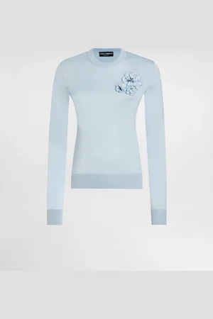 Dolce & Gabbana Silk Pullover With Flower Brooch - Woman Sweaters And Cardigans Light Blue 36