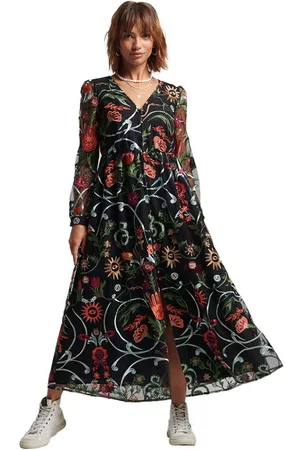 Superdry Women Long Sleeve Maxi Dresses - Vintage Woven Maxi Long Sleeve Long Dress Black S Woman