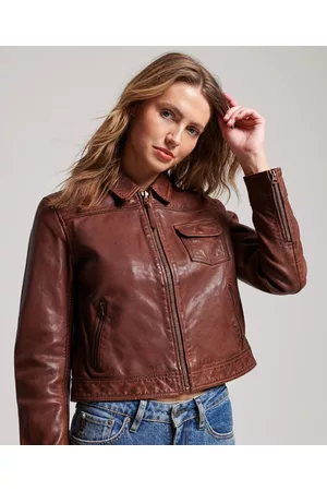 Superdry Women Leather Jackets - Vintage Desert Biker Jacket Brown S Woman