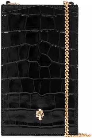 Alexander McQueen Skull-plaque crocodile-effect phone pouch 16x9.5cm - Black