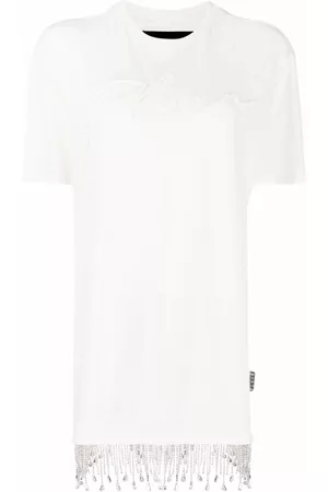 Philipp Plein Women Fringe Dresses - Crystal fringe T-shirt dress - Neutrals