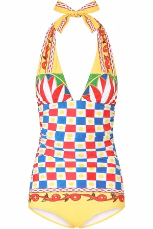 Dolce & Gabbana Carretto-print plunge-neck swimsuit