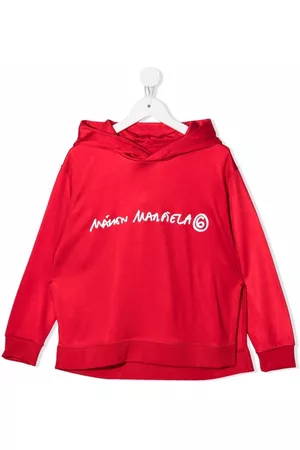 Maison Margiela Girls Hoodies - Logo-print rib-trimmed hoodie - Red