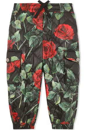 Dolce & Gabbana Girls Cargo Pants - Rose-print quilted cargo trousers - Black