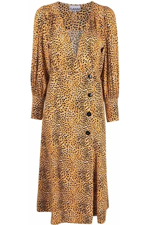 Ganni Women Asymmetrical Dresses - Animal-print asymmetric midi dress - Orange